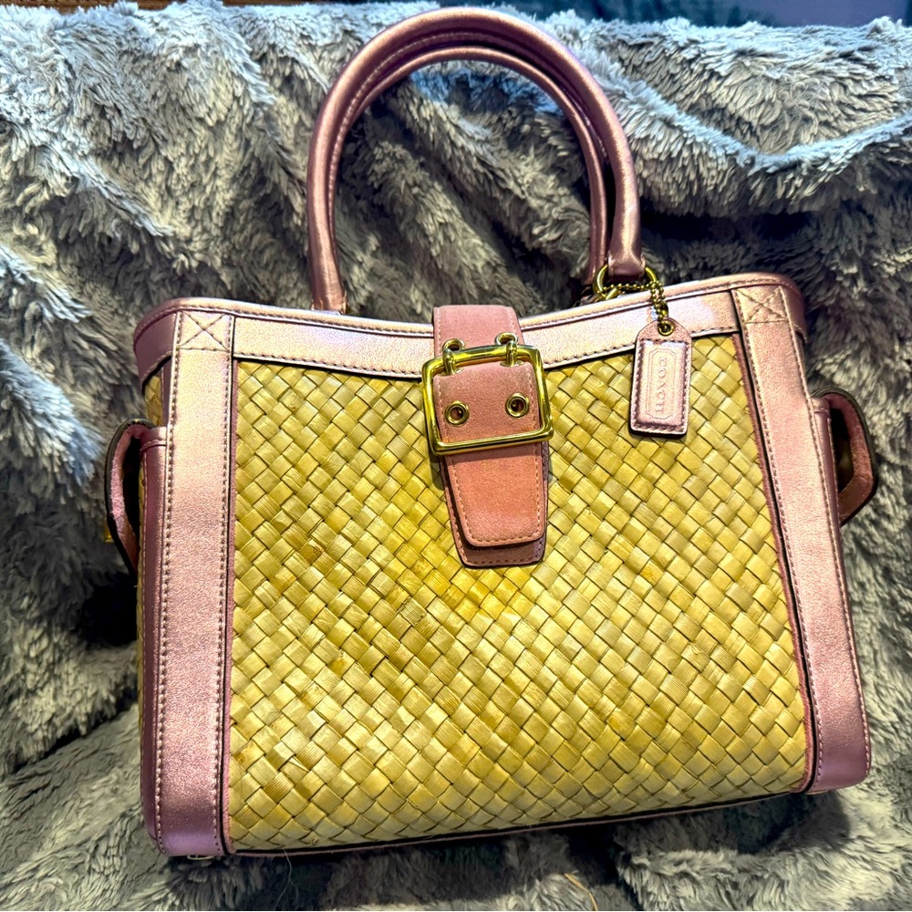 Vintage Straw Coach Bag with Pink and Gold Details